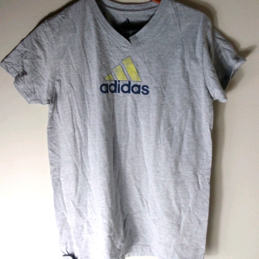 adidas Light Gray V-Neck Tee with Yellow Logo Accent